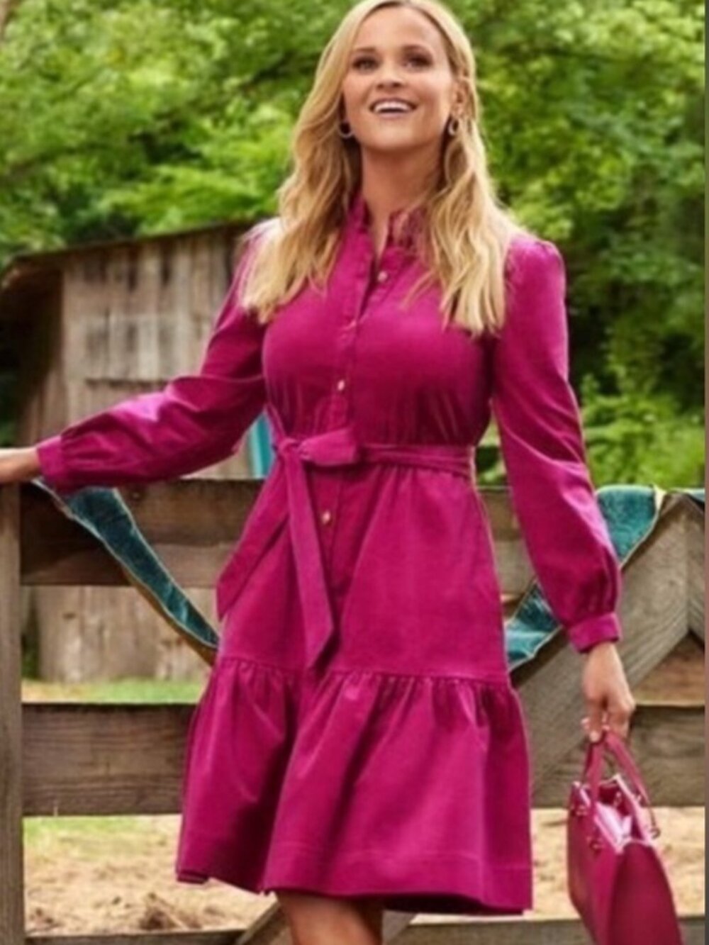 DRAPER JAMES | Ruffled Mini Corduroy Shirtdress | Fuchsia | Size M